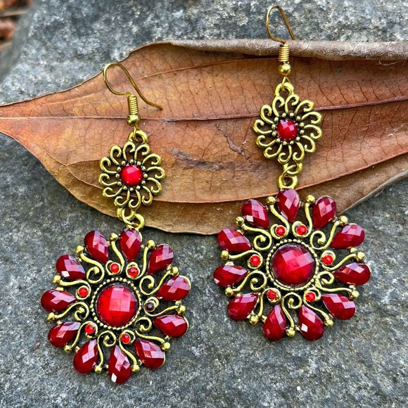 Boutique Jewelry - Red Flower Statement Drop Earrings